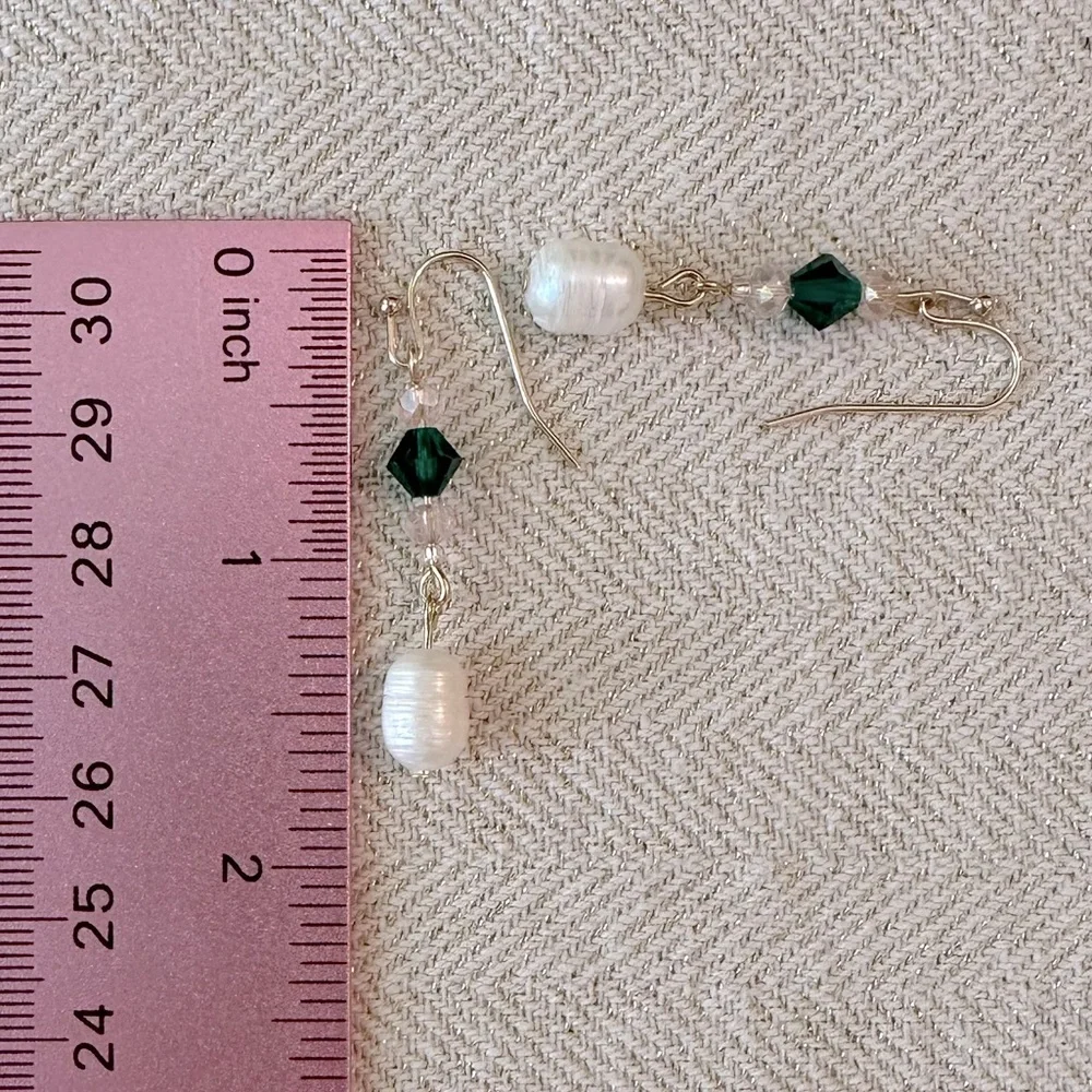 Handmade Pink & Green Crystal Freshwater Pearl Dainty Dangle Earrings Gold Tone - Picture 5 of 8